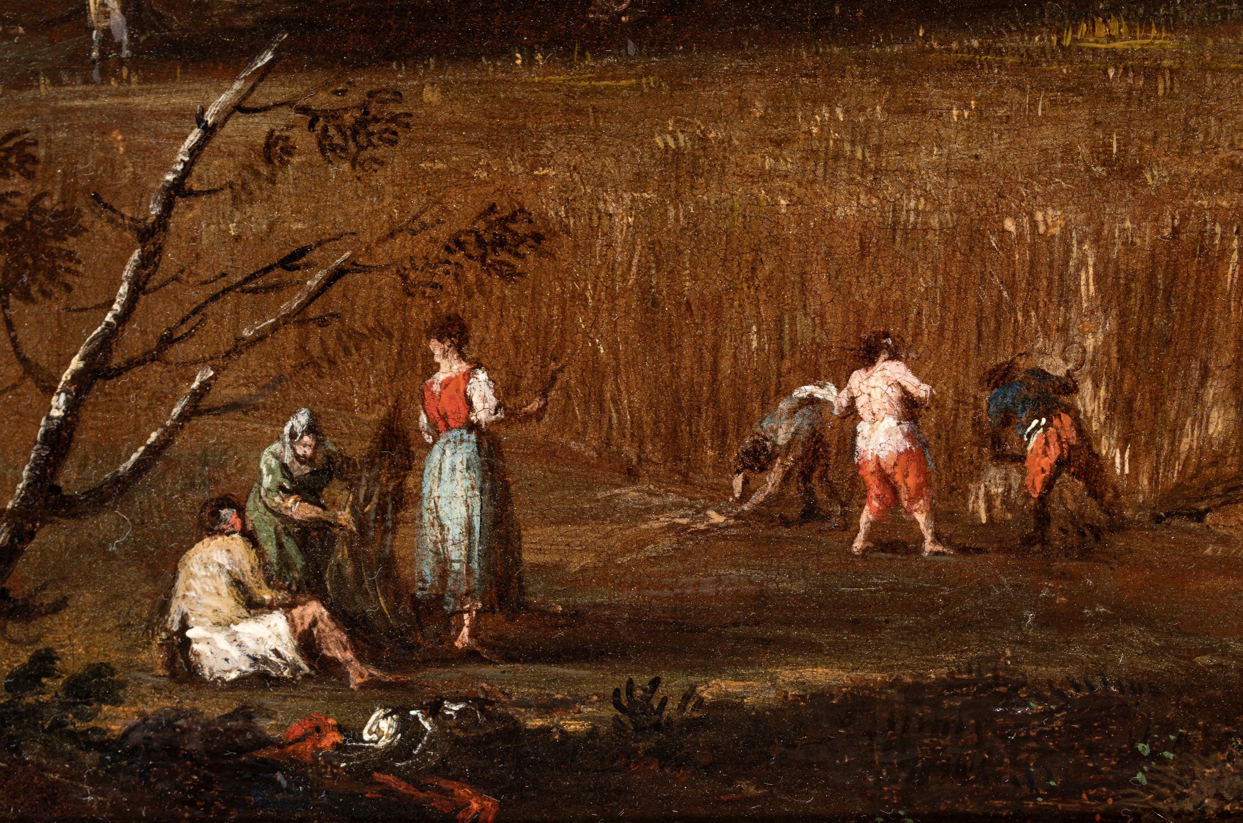 Artista Veneto, XVIII Secolo - Paesaggio con campi, casolare e contadini a lavoro, olio su tela