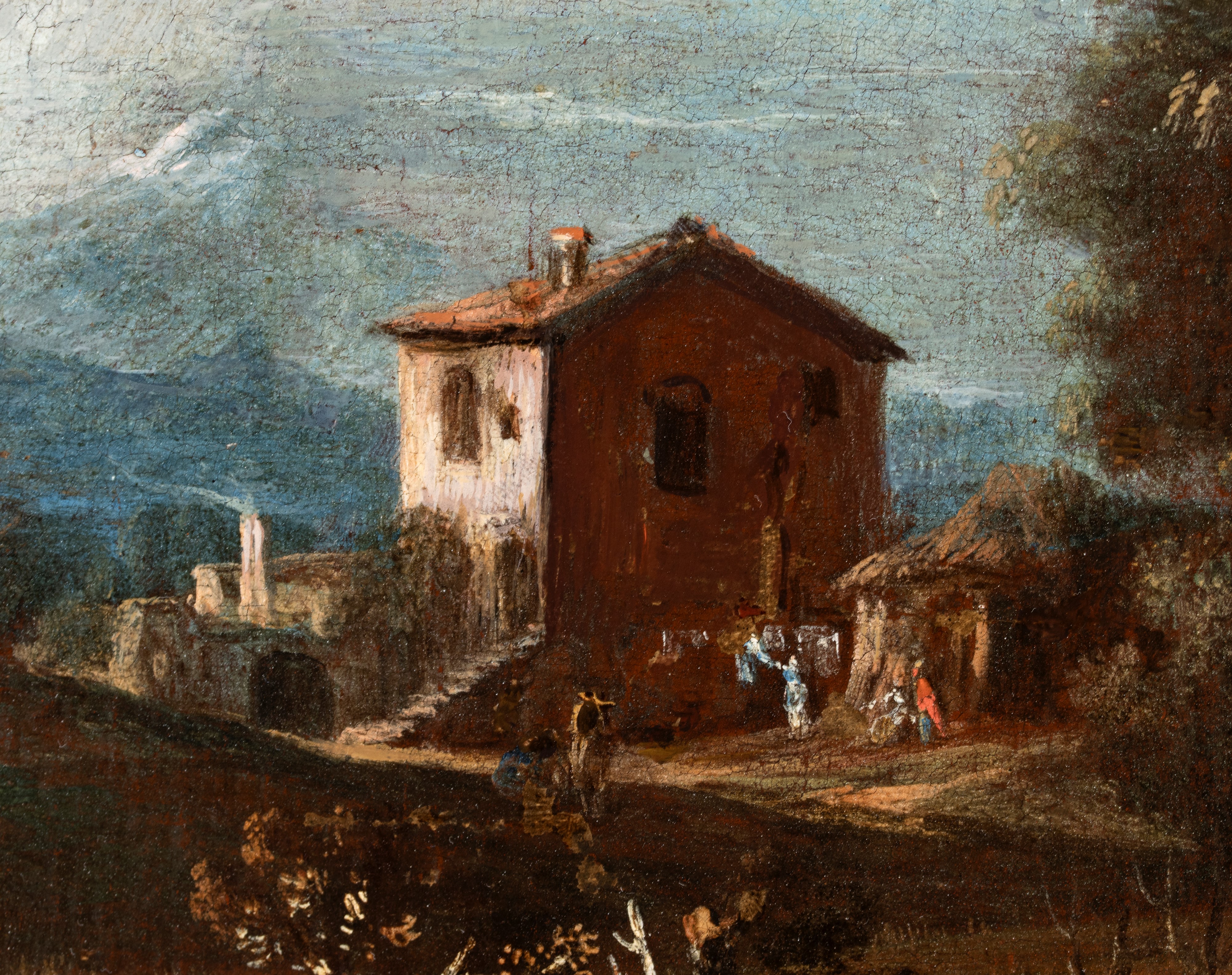 Artista Veneto, XVIII Secolo - Paesaggio con campi, casolare e contadini a lavoro, olio su tela