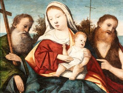 Madonna con il Bambino tra due santi, tempera su tavola