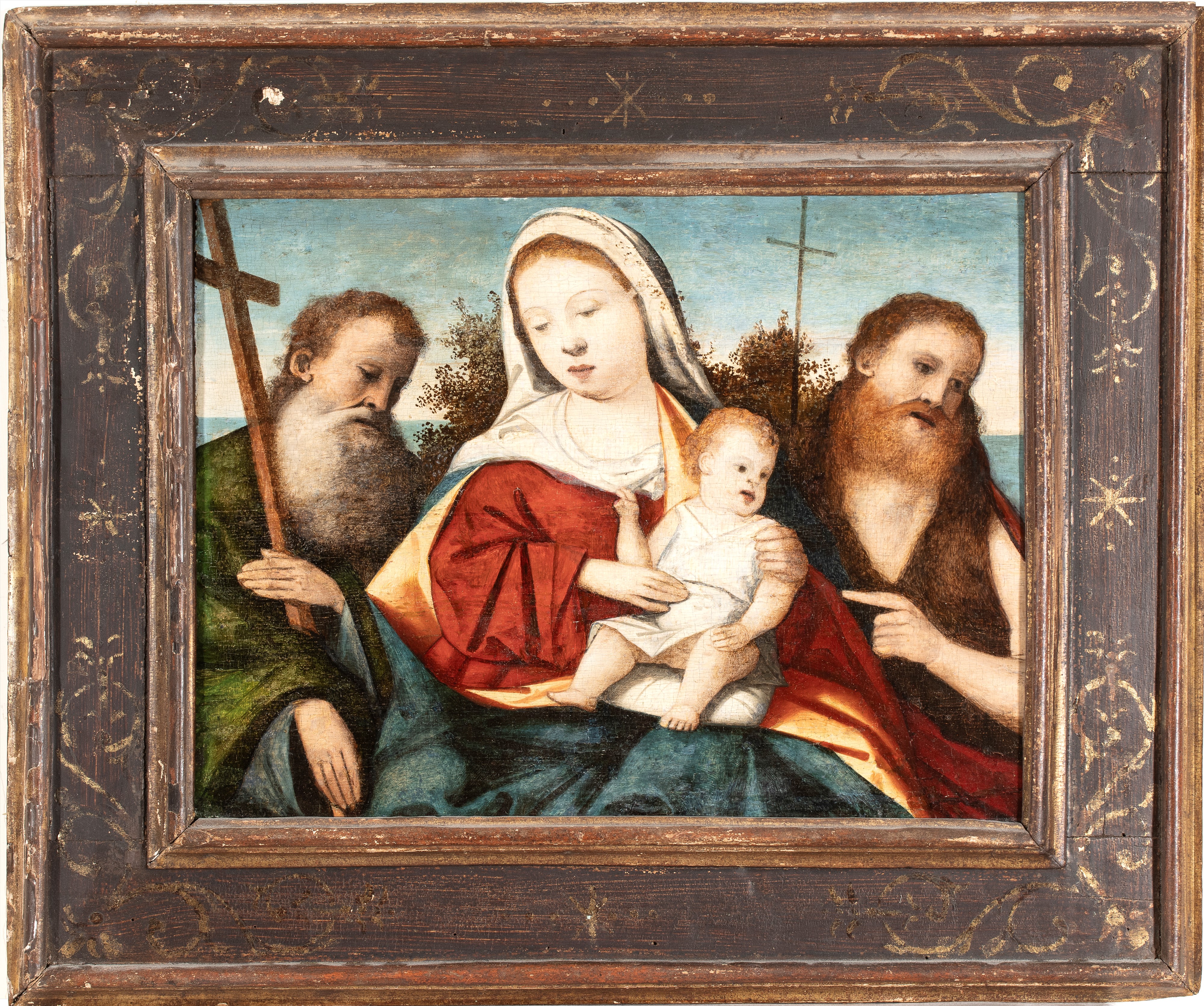 Artista Veneto, XVI Secolo - Madonna con il Bambino tra due santi, tempera su tavola