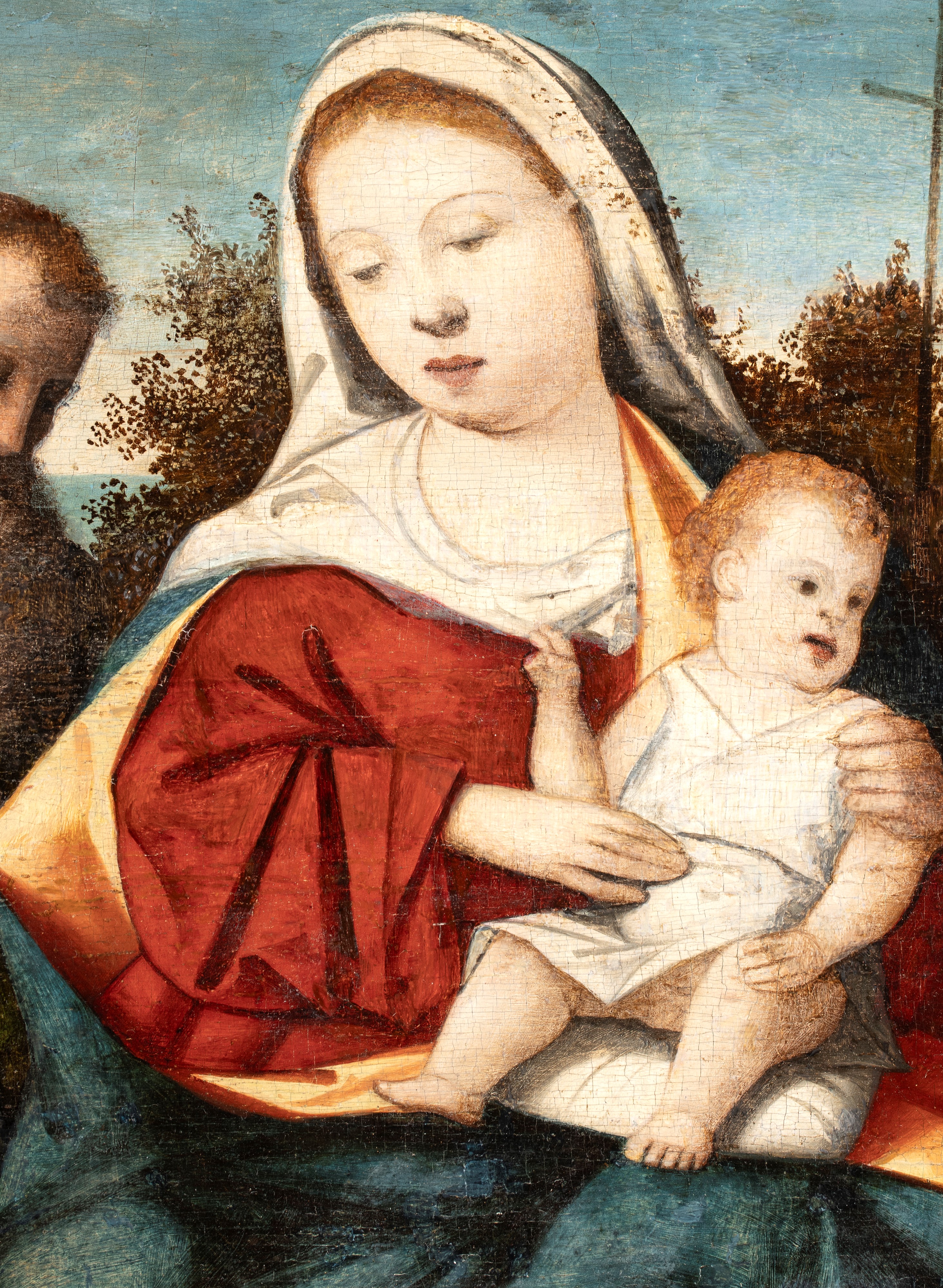 Artista Veneto, XVI Secolo - Madonna con il Bambino tra due santi, tempera su tavola
