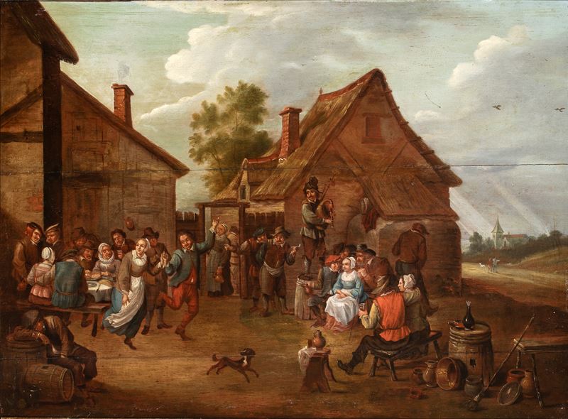 David Teniers il Giovane - Villaggio con festa contadina, olio su tavola