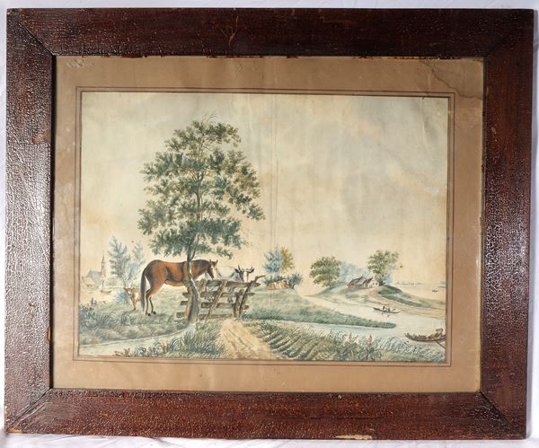 Countryside view with animals and figures