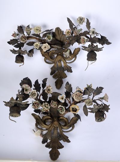 Coppia Appliques da Muro in Bronzo e Ceramica