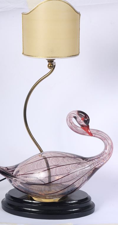 Cigno in Vetro Bianco e Bordeaux con Lavorazione a Filigrana - Lampada