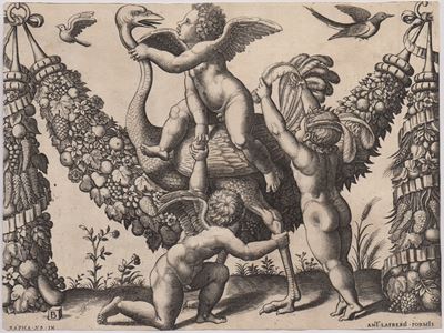 Tre putti e un struzzo davanti a una grande ghirlanda (da Raffaello), bulino