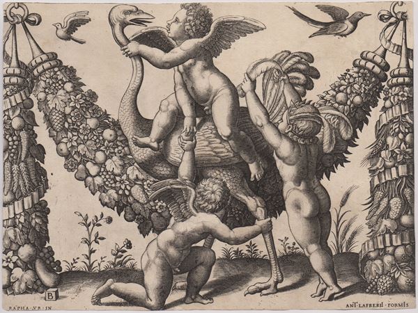 Three cherubs and an ostrich before a large garland, after Raphael
