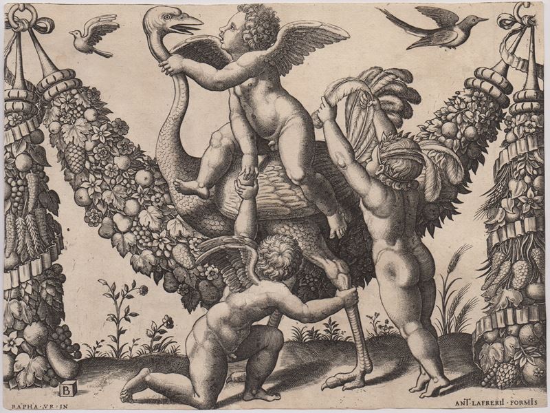Maestro del Dado - Tre putti e un struzzo davanti a una grande ghirlanda (da Raffaello), bulino