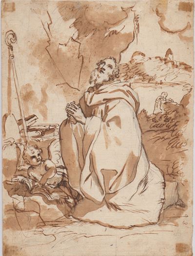 Artista bolognese del XVII secolo, Santo vescovo in preghiera