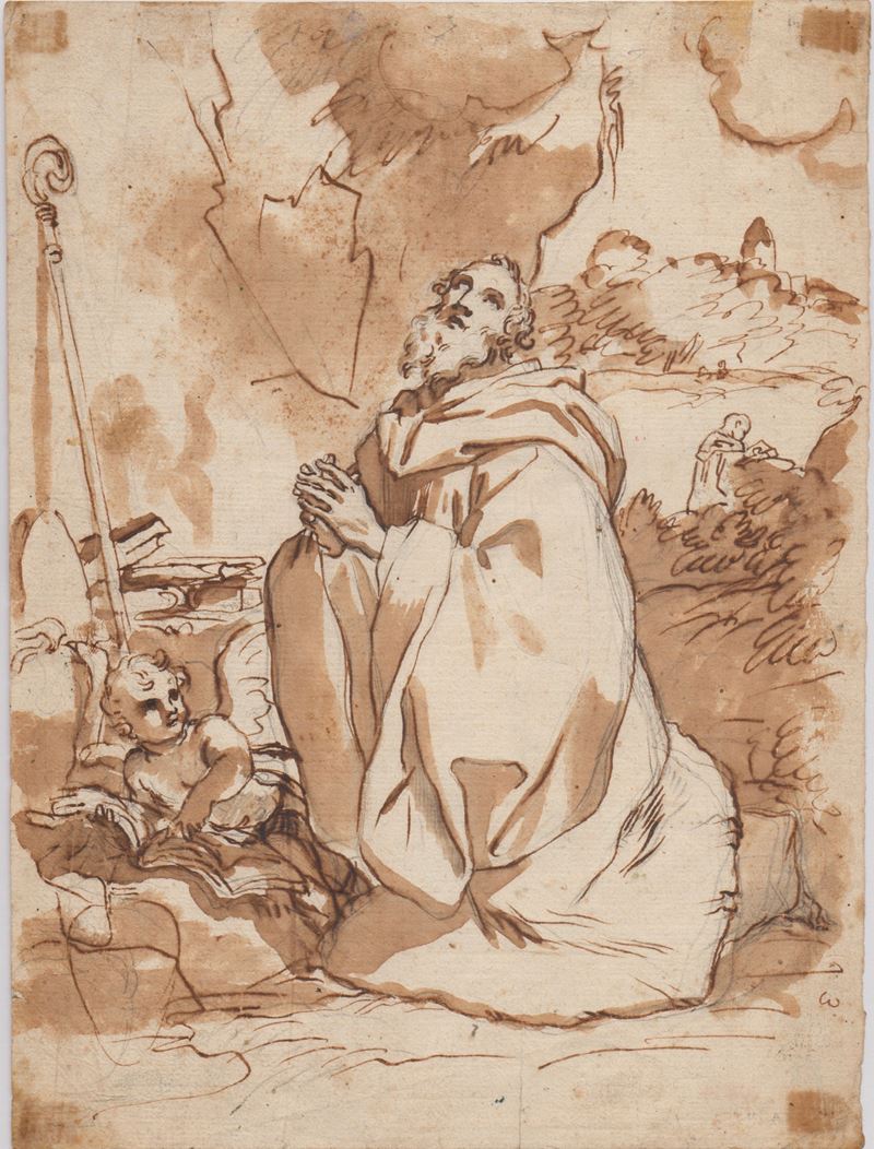 Artista bolognese del XVII secolo, Santo vescovo in preghiera