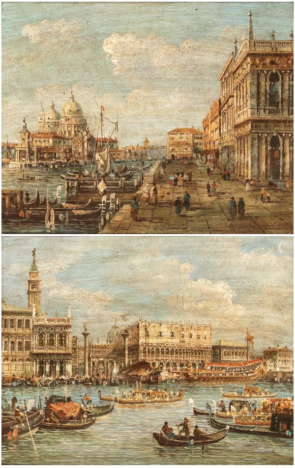 Giovanni Antonio Canal  detto il Canaletto - a) View of Santa Maria della Salute from the Riva degli Schiavoni; b) View of the Palazzo Ducale from the Bacino di San Marco. Pair of paintings.