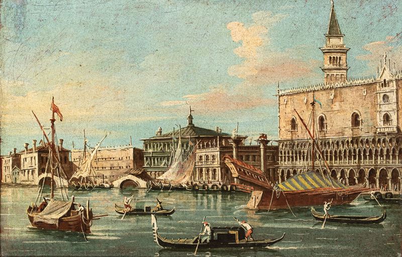 Artista Veneto, XIX Secolo - Veduta di Palazzo Ducale dal Bacino di San Marco, olio su tela