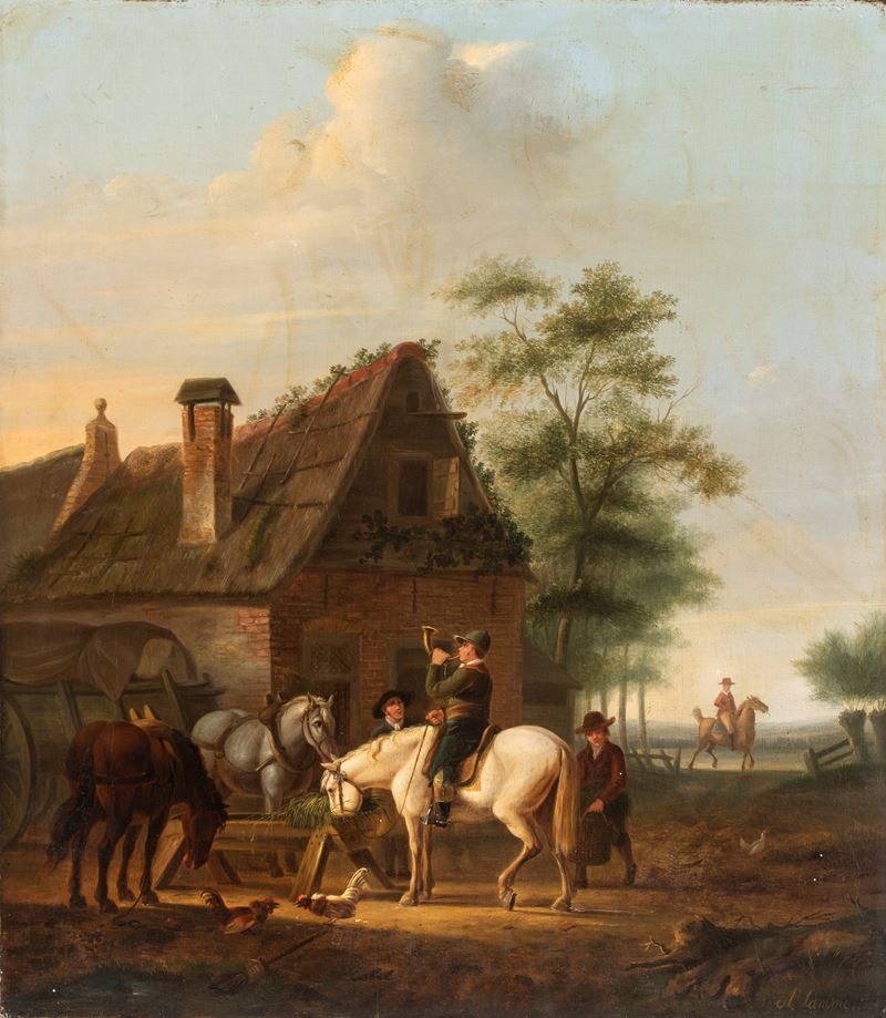 Ary Johannes Lamme - Sosta di cavalli alla mangiatoia, olio su tavola