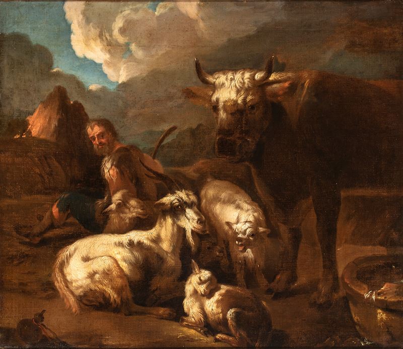 Philipp Peter Roos Detto Rosa da Tivoli - Pastore a riposo con armenti, olio su tela