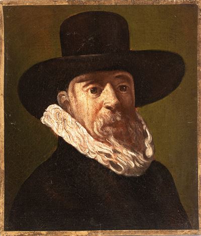 Testa virile con cappello e gorgiera, olio su tela