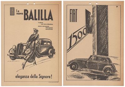 Cartellini pubblicitari FIAT, litografie su carta (coppia)