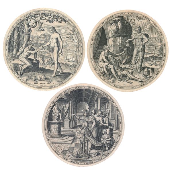 Philip Galle - Eva offre ad Adamo il frutto proibito | Lot e le sue figlie | L’idolatria di Salomone