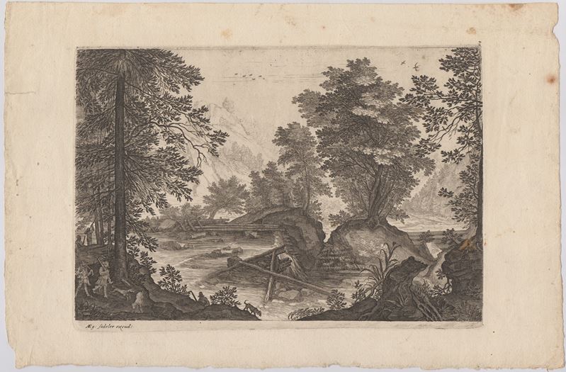 Aegidius Sadeler II - Paesaggio montuoso con ruscello (da Pieter Stevens), acquaforte e bulino