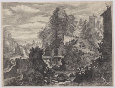 Paesaggio montuoso con mulino