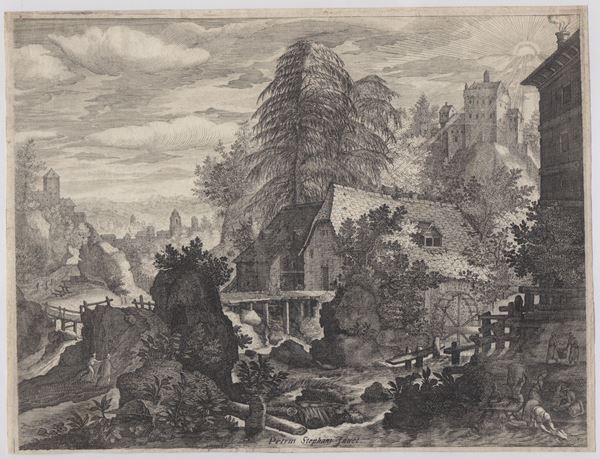Paesaggio montuoso con mulino, da Pieter Stevens
