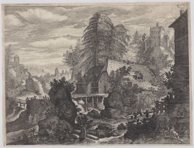 Aegidius Sadeler II - Paesaggio montuoso con mulino (acquaforte e bulino)