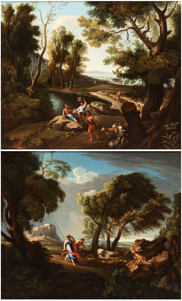 Artista attivo a Roma, prima metà XVIII secolo - a) Landscape with figures and a stream; b) Landscape with a pair of shepherds. A pair of paintings.