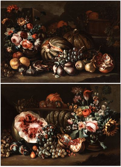 Coppia di nature morte con cocomero, uva, melagrane e fiori / zucca, fichi, pere e fiori, olio su...