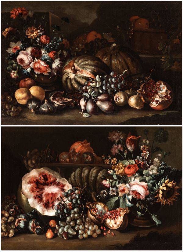 a) Natura morta con cocomero, uva, melagrane e fiori; b) Natura morta con zucca, fichi, pere e fiori. Coppia di dipinti