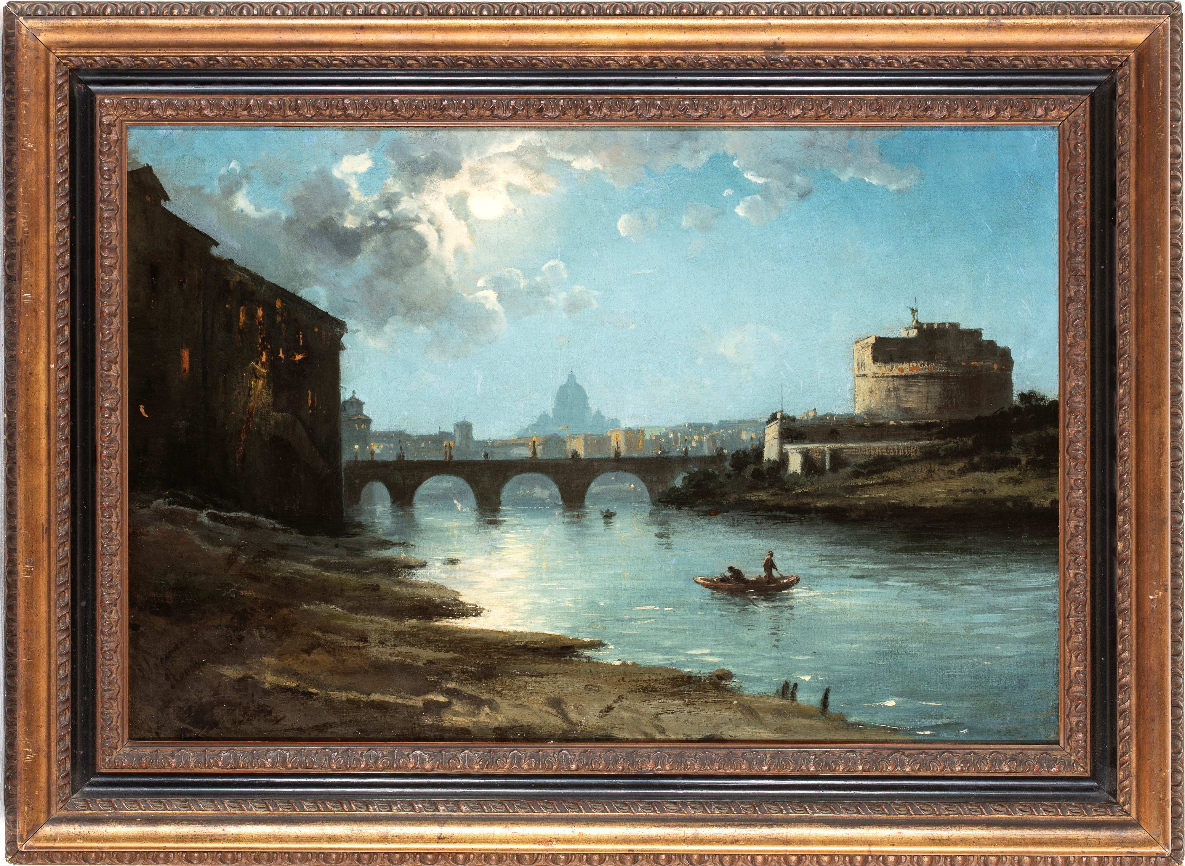 Artista Attivo a Roma, Metà XIX Secolo - Veduta notturna di Castel Sant'Angelo, olio su tela