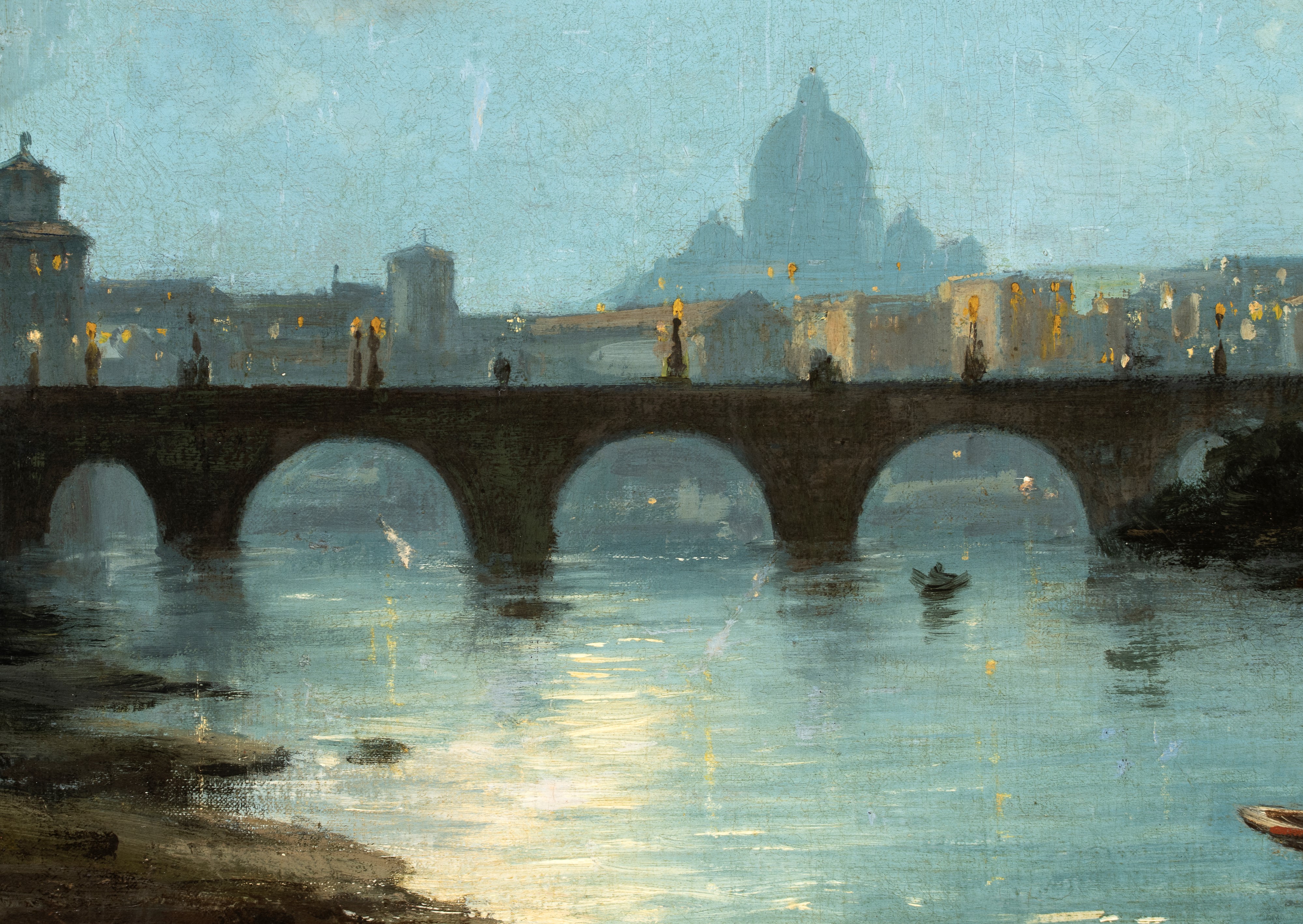 Artista Attivo a Roma, Metà XIX Secolo - Veduta notturna di Castel Sant'Angelo, olio su tela