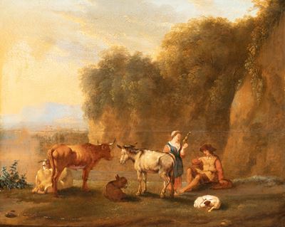 Olio su tavola, Sosta di viandanti in un paesaggio