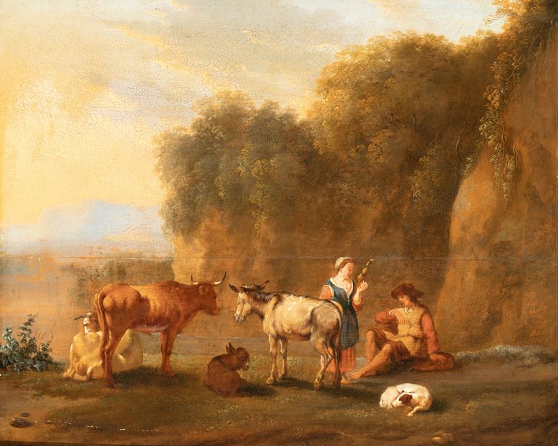 Artista Fiammingo, XVIII Secolo - Sosta di viandanti in un paesaggio, olio su tavola