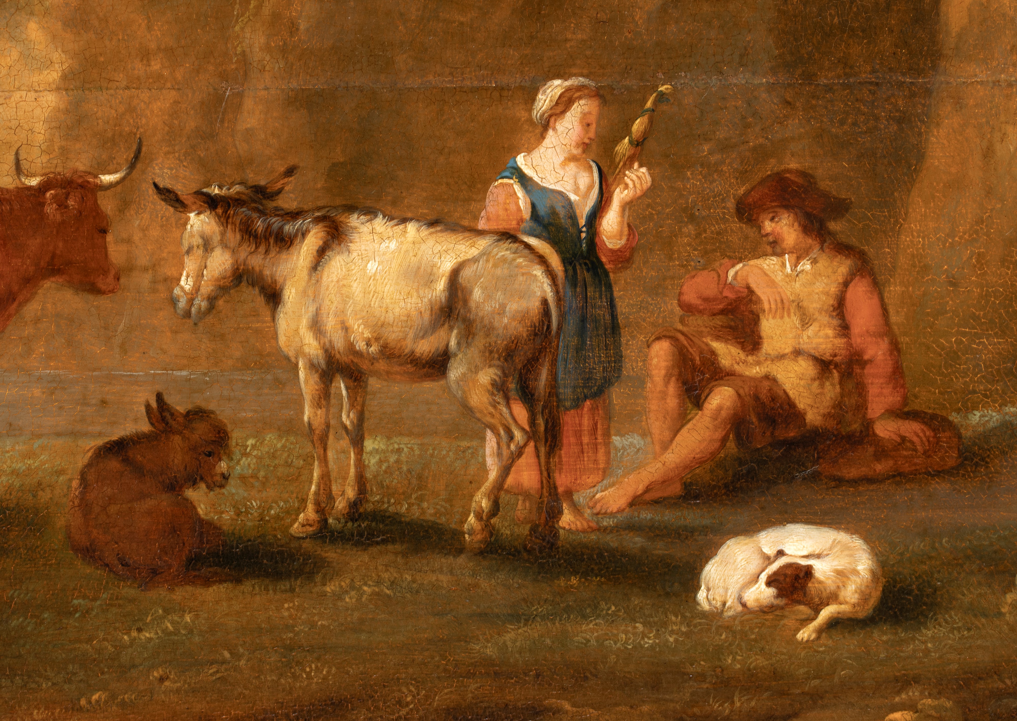 Artista Fiammingo, XVIII Secolo - Sosta di viandanti in un paesaggio, olio su tavola