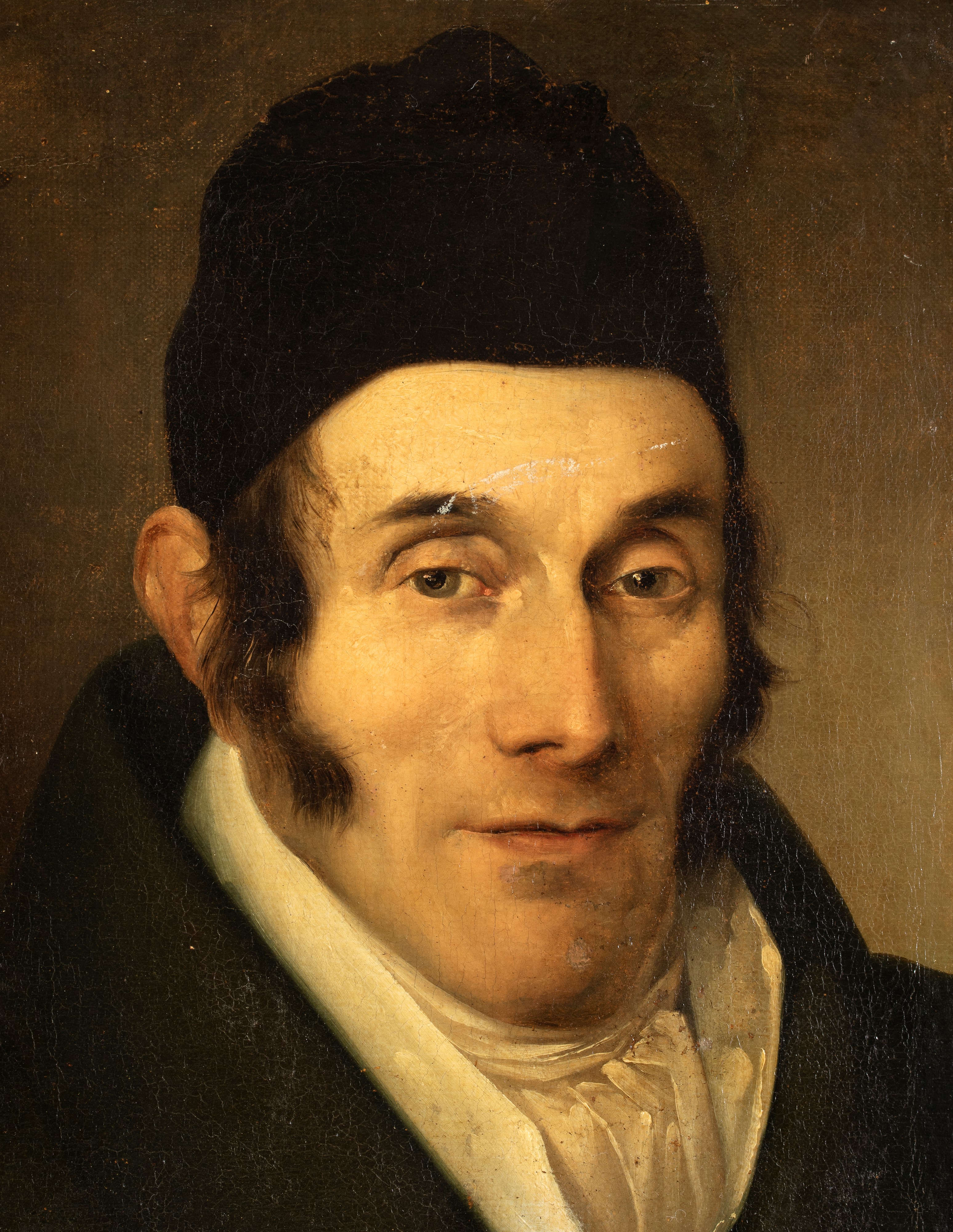 Artista Italiano, XIX Secolo - Ritratto virile con berretto nero, olio su tela