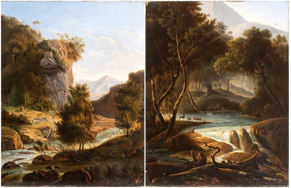 a) Landscape with a shepherd, sheep, and a stream; b) Landscape with a stream and deer. Pair of paintings