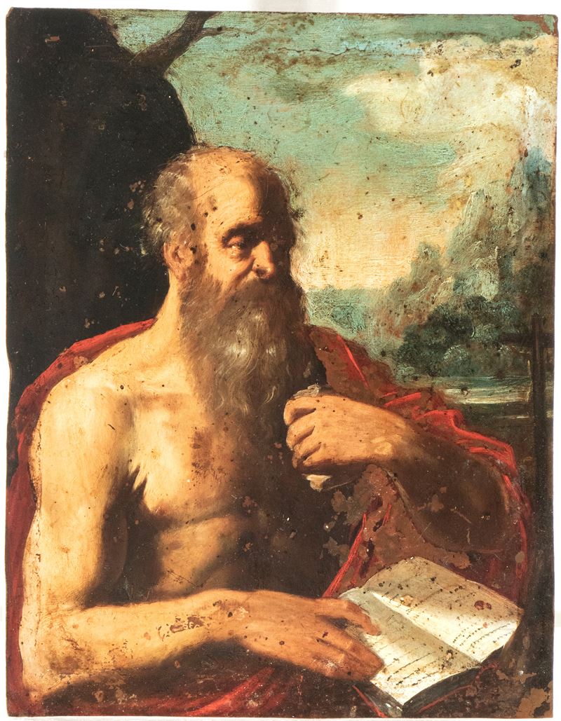 Artista Emiliano, XVII Secolo - San Girolamo nel deserto, olio su rame