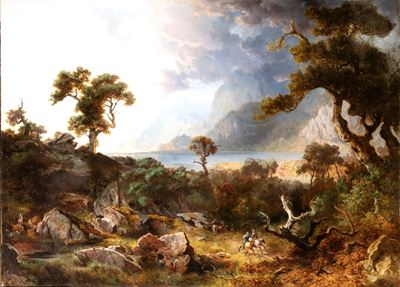 Paesaggio lacustre con bosco e cavalieri