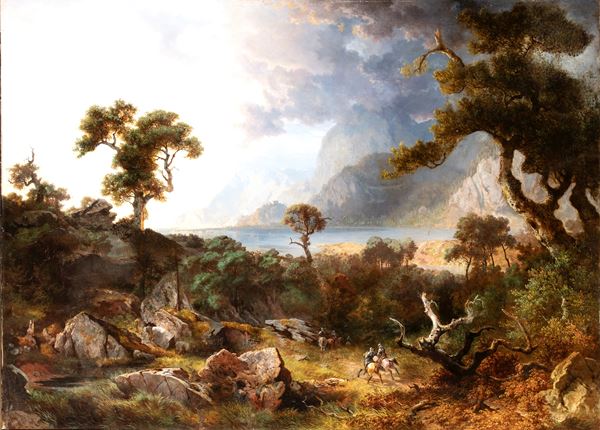 Lake landscape with a wooded area and horsemen