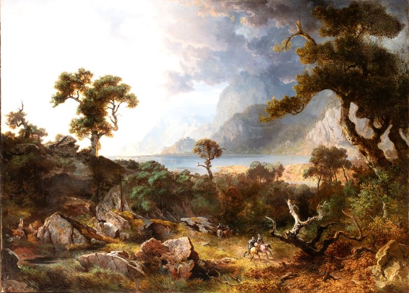 Heinrich Heinlein - Paesaggio lacustre con bosco e cavalieri