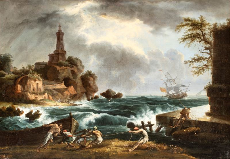 Claude Joseph Vernet - Marina in tempesta con pescatori, olio su tela