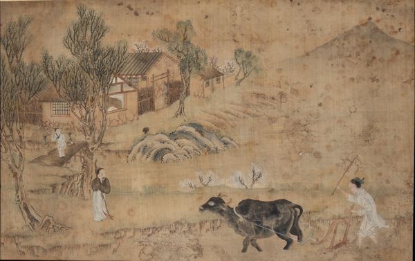Polychrome ink painting on silk depicting a rural scene. China, first half of the 20th century.