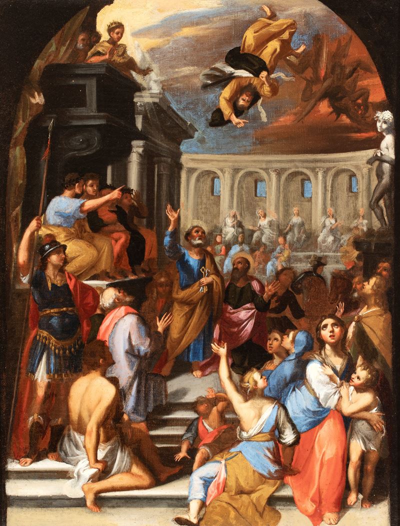 Artista Bolognese, XVII Secolo - La caduta di Simon Mago, olio su tela