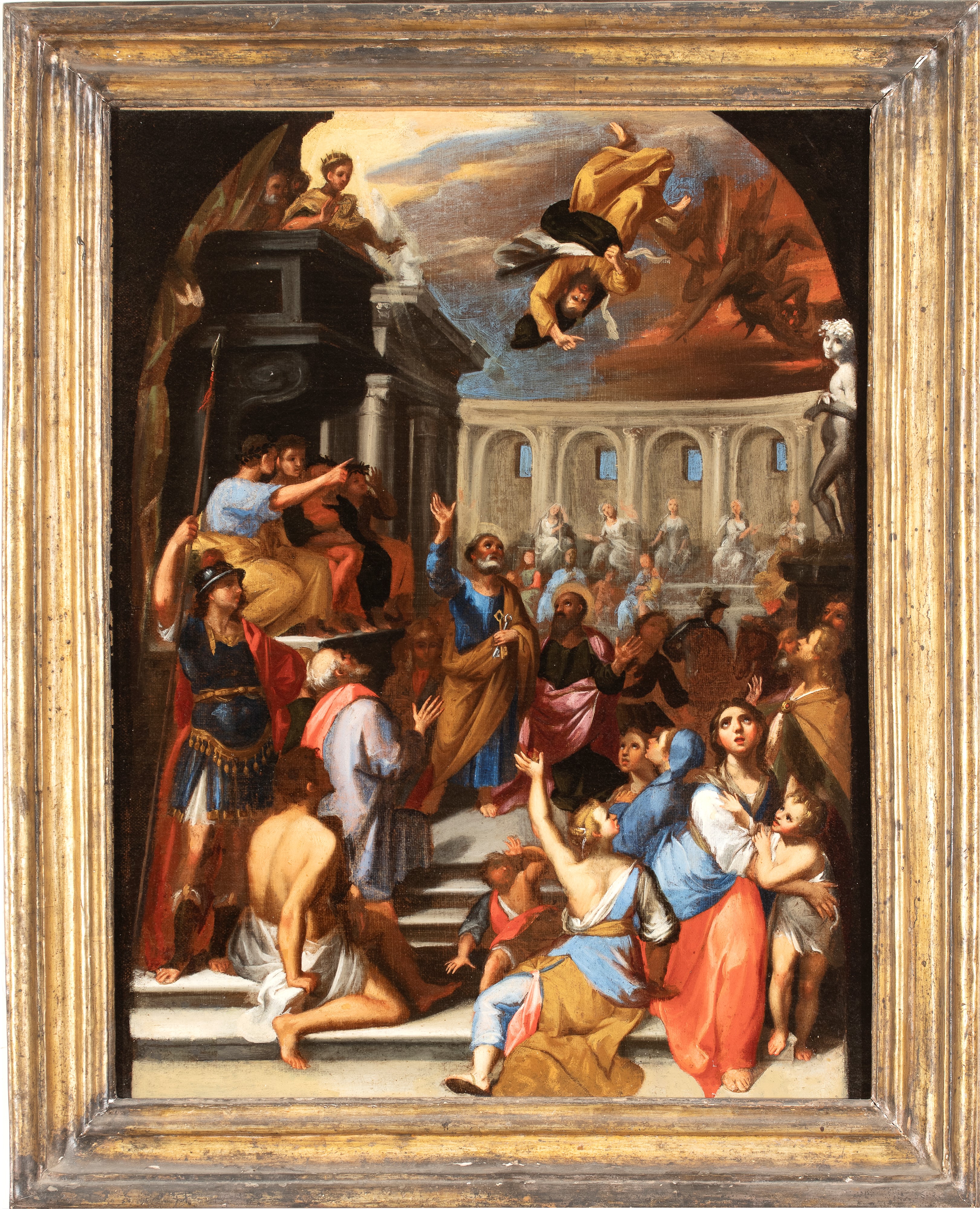 Artista Bolognese, XVII Secolo - La caduta di Simon Mago, olio su tela