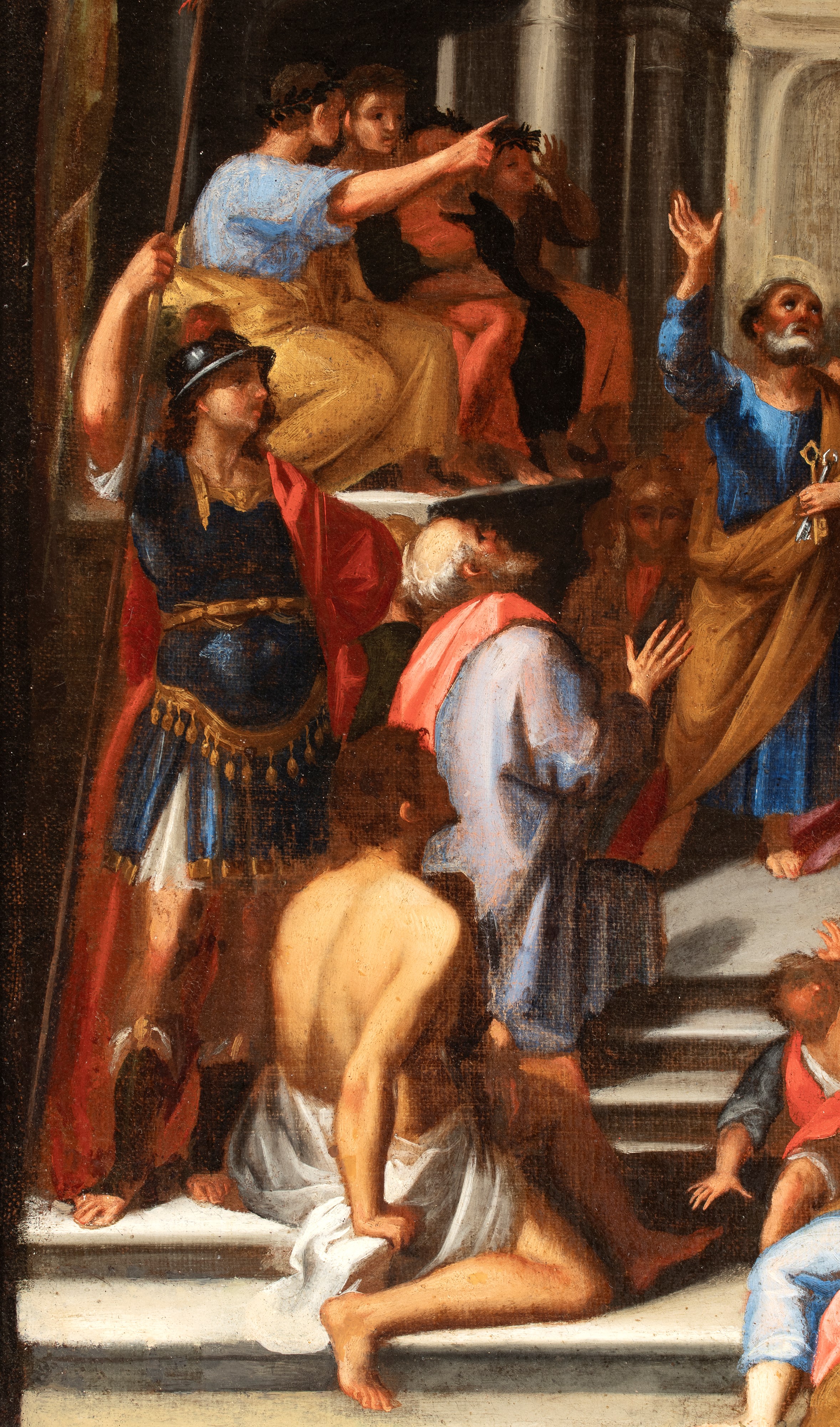 Artista Bolognese, XVII Secolo - La caduta di Simon Mago, olio su tela