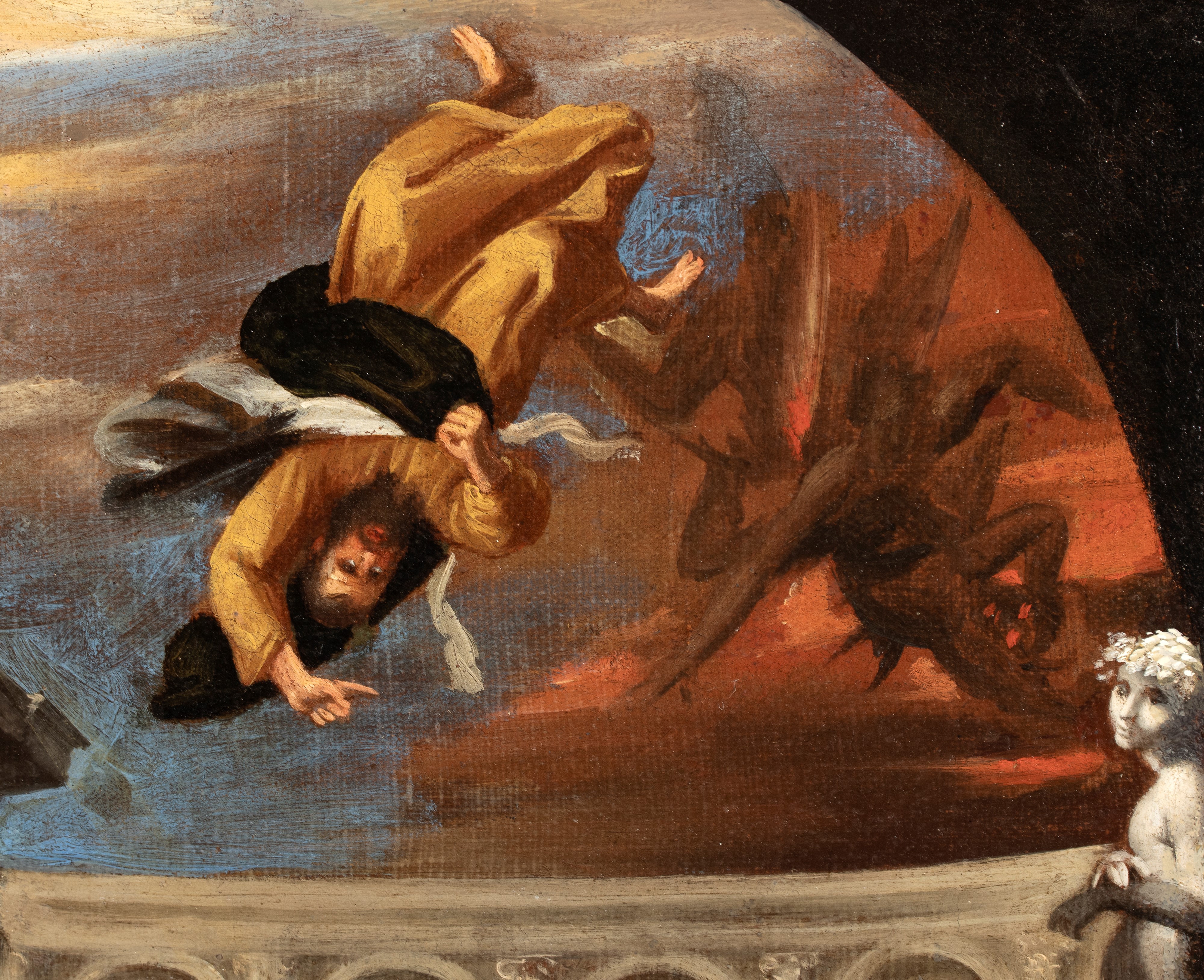 Artista Bolognese, XVII Secolo - La caduta di Simon Mago, olio su tela