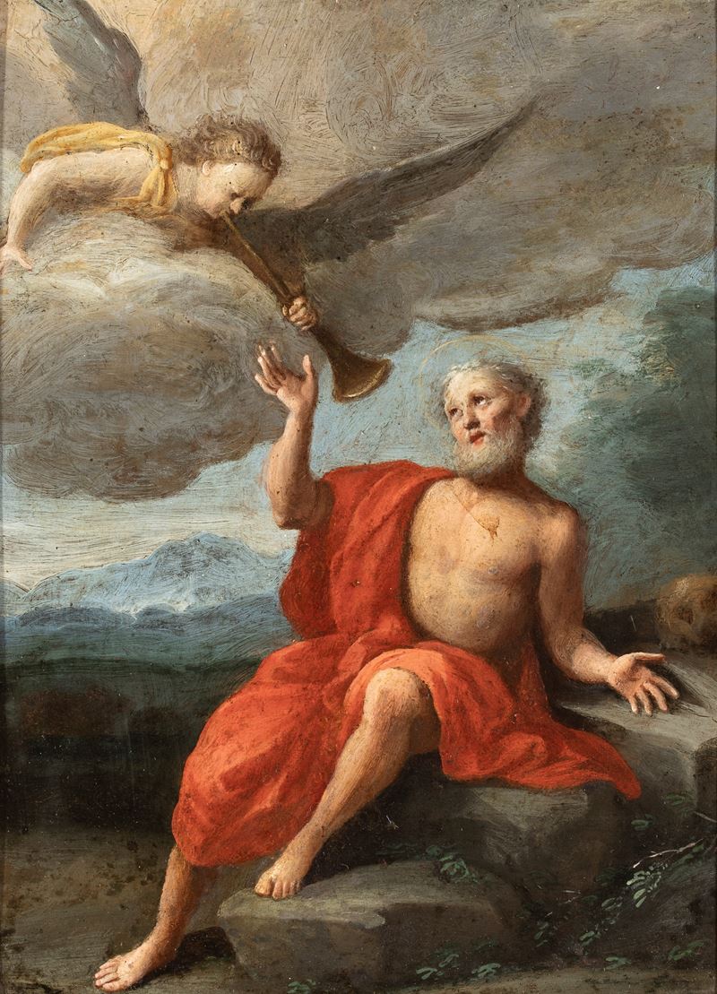 Artista Emiliano, XVII Secolo - San Girolamo ode le trombe del Giudizio, olio su rame