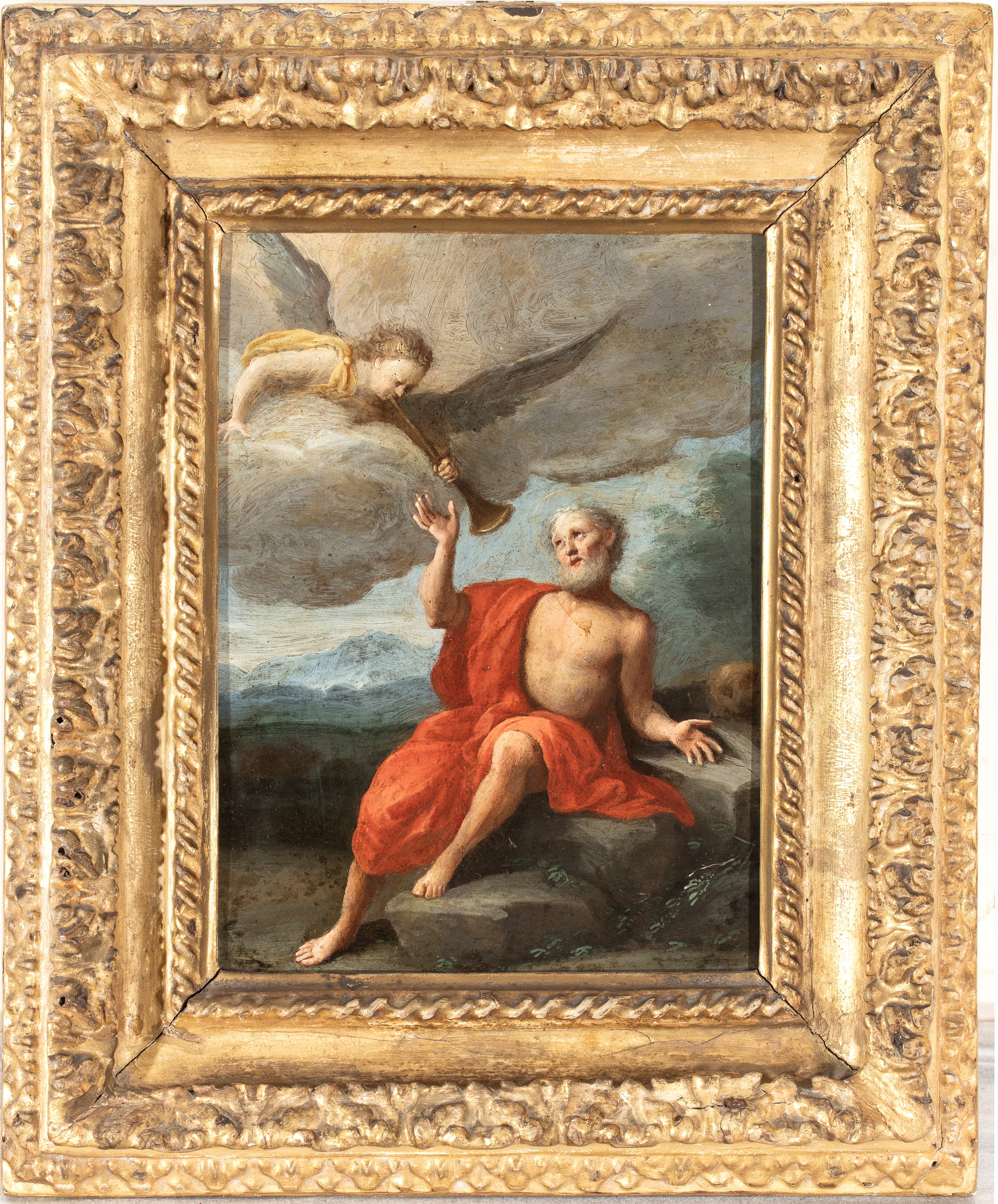 Artista Emiliano, XVII Secolo - San Girolamo ode le trombe del Giudizio, olio su rame