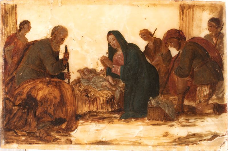 Artista Toscano, XVII Secolo - Adorazione dei pastori, olio su alabastro