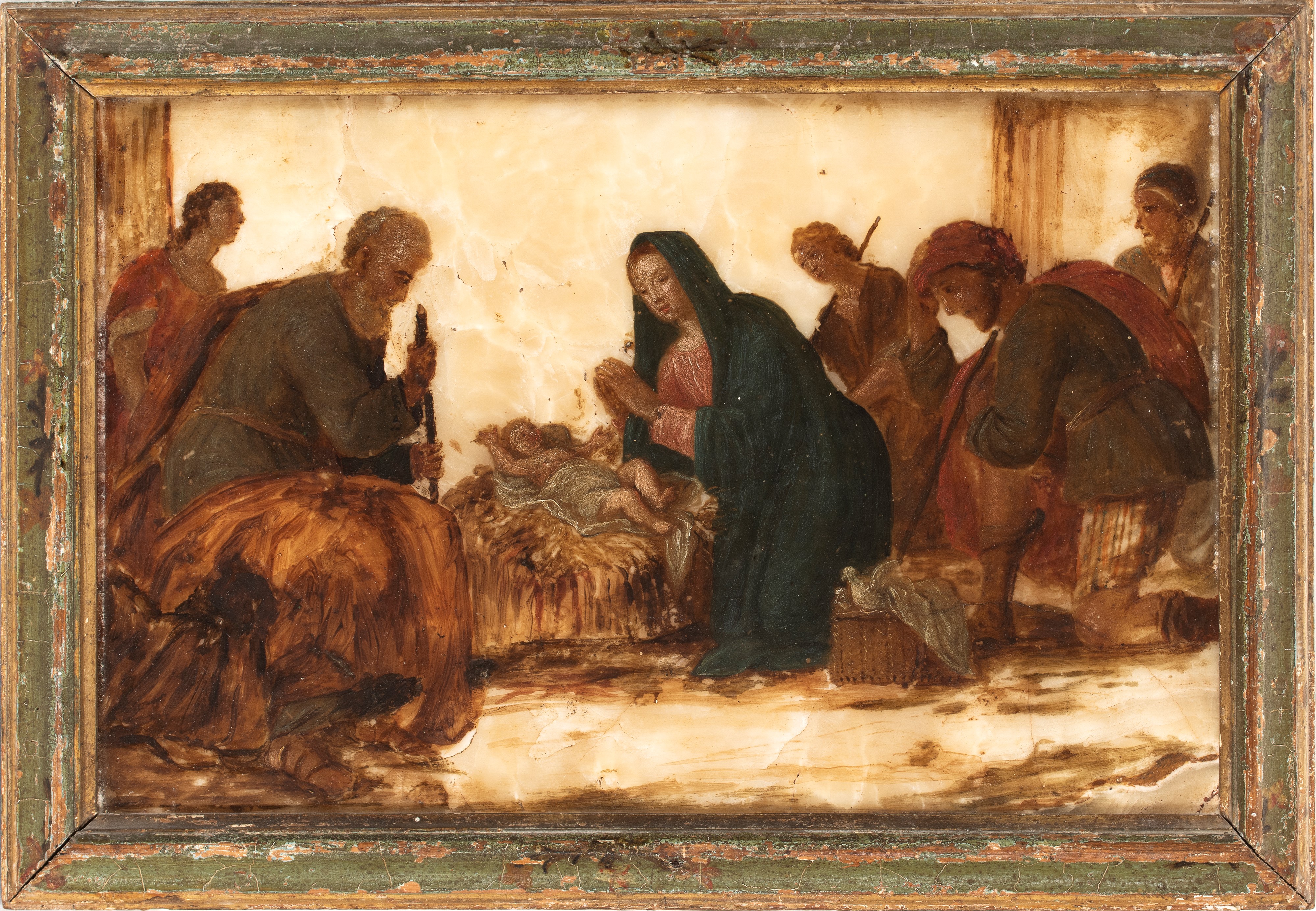 Artista Toscano, XVII Secolo - Adorazione dei pastori, olio su alabastro