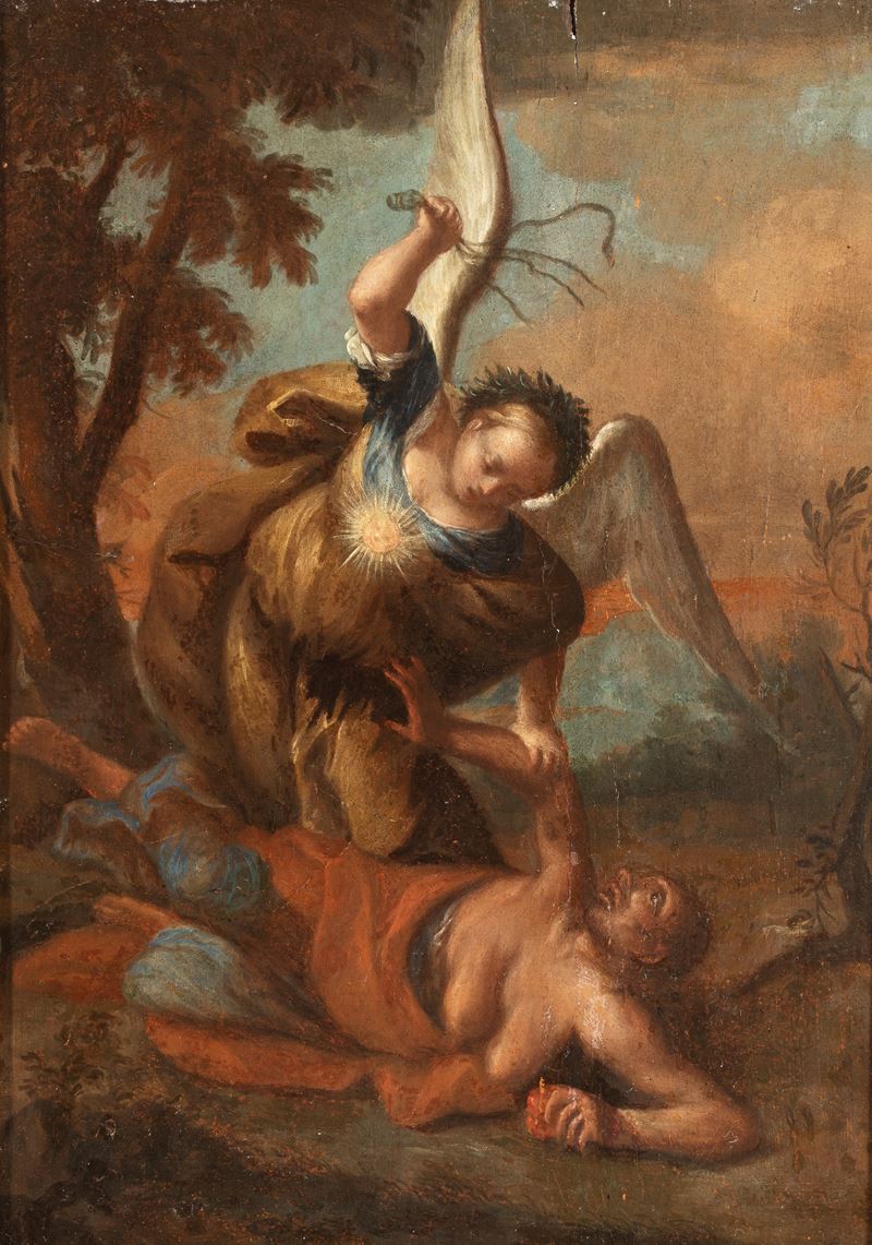 Artista Emiliano, XVII Secolo - San Michele fustiga il demonio, olio su tavola